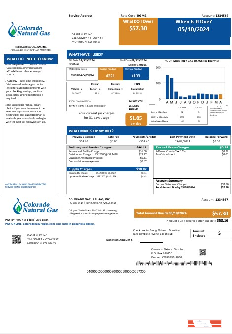 USA Colorado Natural Gas business utility bill template in Word and PDF formats
